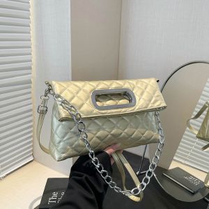 LANGJ สีทึบทึบ กระเป๋าถือพับได้ สไตล์เกาหลีแบบ ลายตาราง กระเป๋าคลัทช์ตอนเย็น หรูหราเบาๆ ถุงใต้วงแขน กระเป๋าสะพายข้างสายโซ่ สำหรับผู้หญิง