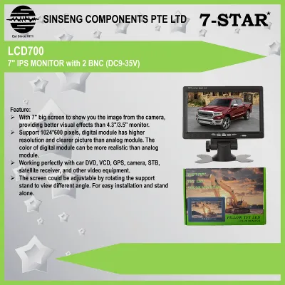 [SG Local Seller] 7 Inch/7inch TFT LED LCD Screen Monitor Digital 800W*RGB*480H for Vehicle Reverse Car Monitor with 2 AV/RCA/BNC Inputs (Support:9-36Voltage)