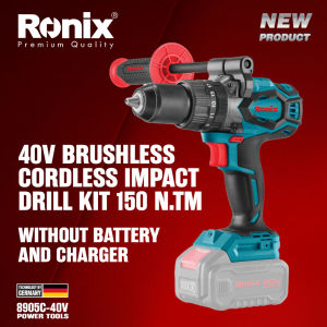 Ronix Tools 8905-40V (Full Set) | 8905C-40V (Body Only) Premium Quality German Technology Brushless Cordless Impact Drill 40V 150Nm High Torque Heavy Duty Hammer Drill Driver Kit for Industrial Wood Metal Concrete Masonry Drilling