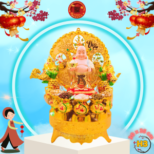 Tháp tỏi chưng ông Địa phong thủy Di Lặc đứng vẫy quạt năng lượng có đèn - TỎI CÁT TƯỜNG