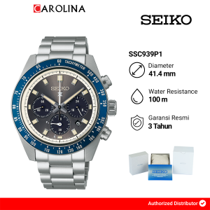 Jam Tangan Pria Seiko Prospex Chronograph SSC939P1 Speed Timer Blue Bezel Black Dial Silver Stainless Steel Band