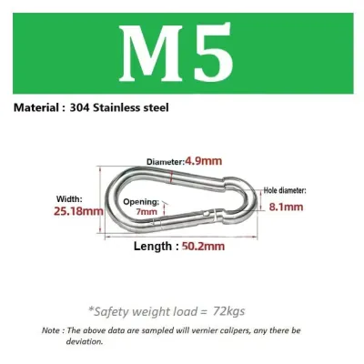Stainless Steel 304 Spring Carabiner Snap Hook Keychain Quick Link Lock Buckle 4 / 5 / 6 / 8mm TOLUS