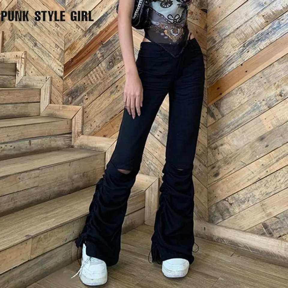 Punk Wide Leg Pants Women Techwear Emo Alt Grunge Cargo Jeans Cyber Y2k  Baggy Trousers Low Waist E Girl Aesthetic Overalls