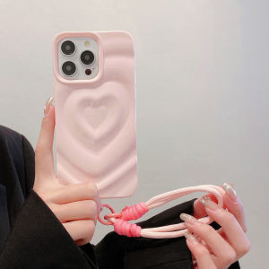 【New】3D Love Pattern Light Oil Shining Pink Solid TPU Phone Case with Lanyard For iPhone 11 12 13 14 15 Series