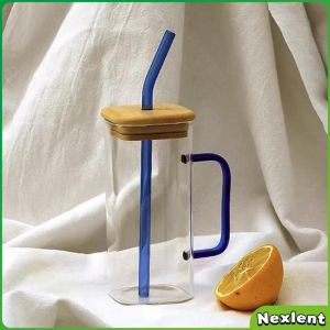 Nexlent 400ml Creative Square Borosilicate Glass Cup with Colored Handle and Bamboo lid & Glass Straw