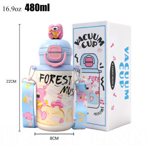 HoneyLion - 480ML 316 Stainless Steel Vacuum Insulated Bottle Dual-Lid One-Click Open Pop-up Straw Leak-Proof Flask with Carrying Strap for Kids Outdoor
