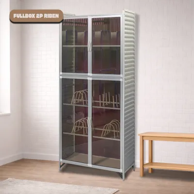 Lemari Rak Piring & Makanan Aluminium 2 Susun 4 Pintu – Kaca Riben / Kaca Es – 162cm