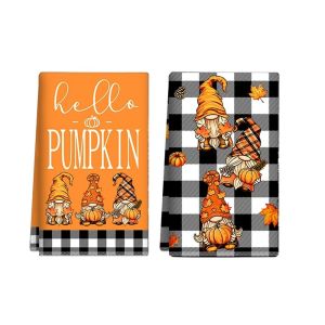 TRONICSER 2Pcs Soft Absorbent Fall Gnome Dish Towels Microfiber Maple Leaf Kitchen Hand Towels Cartoon Thickened Gnome Pumpkin Tea Towel Farmhouse