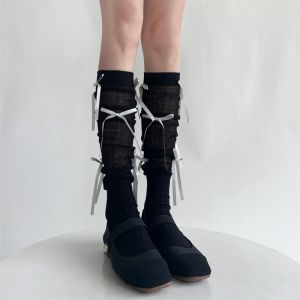 ถุงเท้าระบายอากาศสูงถึงเข่าโบว์สำหรับผู้หญิง ถุงเท้าน่องสุภาพสตรีหวาน ถุงเท้าขนบางในฤดูร้อน น่ารักกับกระโปรง