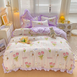 Korean Princess Heart Print Bedding Sets 4pcs Cute Kids Girl Adults Bed Skirts Duvet Cover Bed Sheet Pillowcase Home Textile