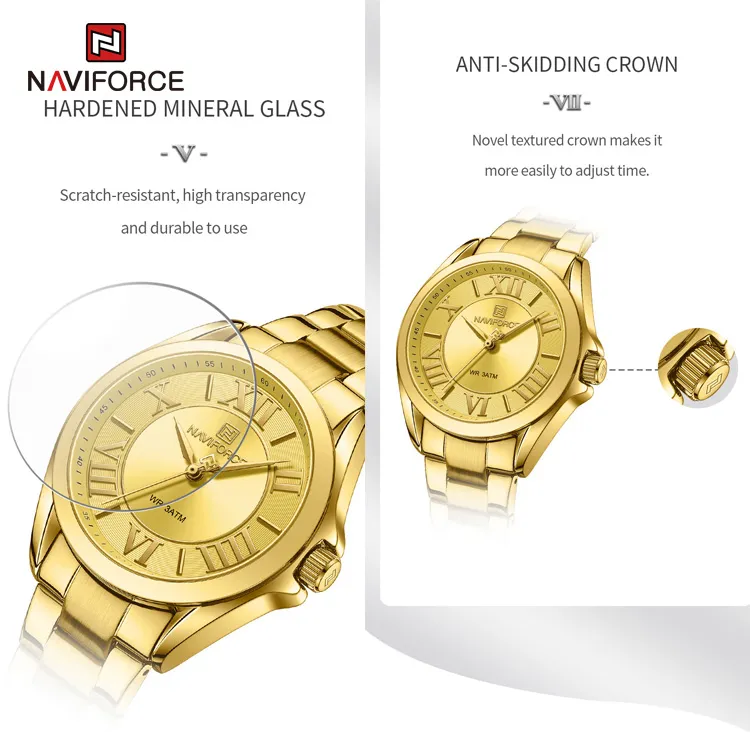 NAVIFORCE Female Waterproof Watch For Women Analog Quartz Watches Stainless Steel Roman Numeral Wristwatch Original Golden Official Flagship Store NF5037 Lazada Singapore