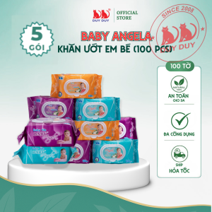 Combo Khăn ướt cho bé Angela baby tím vải không dệt rayon cao cấp 100 miếng (13.5x20cm) không cồn