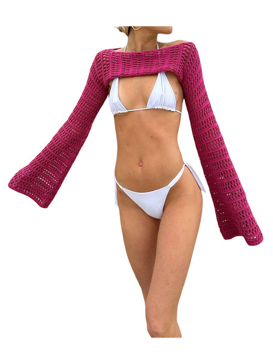 Women Mesh Crochet Crop Top See Through Cover Up for Bikini Hollow
