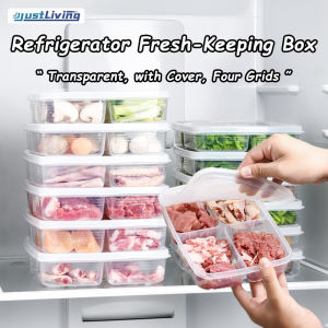 JustLiving Transparent 4 Grids Fridge Organizer Storage Box with lid Food Grade PP Stackable refrigerator fresh-keeping storage Container onion ginger and garlic serving Box Frozen Meat Plate