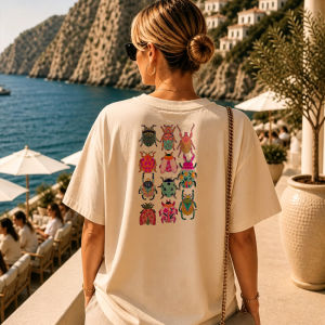 [Local Stock] HBESTY  Colorful Beetle Print Short Sleeve Crew Neck Relaxed Fit Cotton Tee Beige Grid Pattern Symmetrical Casual Streetwear Casual Top