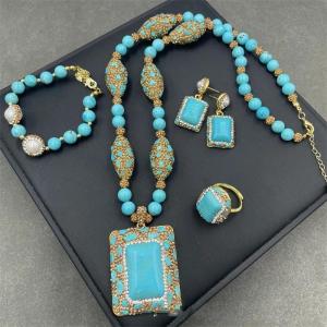 Turkish Natural Blue Turquoise Jewelry Women Gemstone Rhinestone Crystal Necklace Ring Earring Set Party Wedding Dress Acces h260610