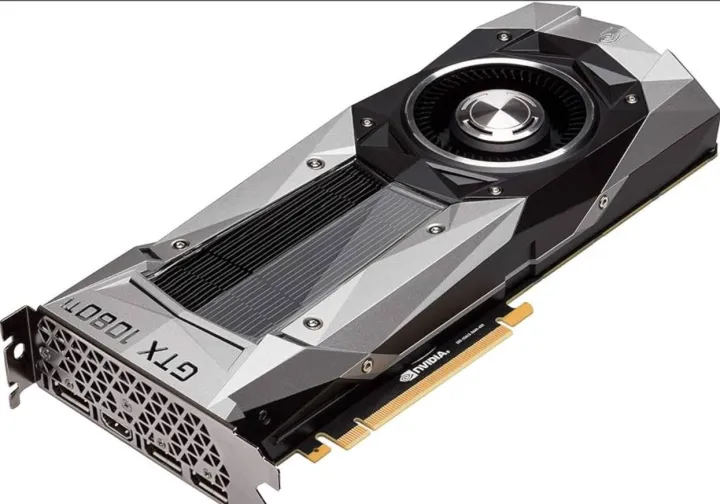 NVIDIA GTX 1080 Ti graphics card with geometric design and single fan.