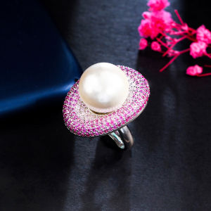 SEQUITO Elegant Women Silver Plating Micro Paved Fuchsia Pink AAA CZ Zirconia Crystal Oval Adjustable Finger Ring with Big Pure Pearl High Grade Dinner Party Jewelry for Lady SR092