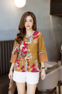 อก ฟรีไซส์  42" เสื้อลินินฝ้ายเกาหลีเกรดพรีเมี่ยม เนื้อผ้าหนากำลังดี เสื้อผ้าฝ้ายพิมพ์ลายดอกไม้สวยงาม Cutie Minute Chinese