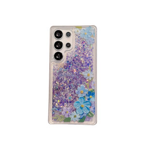 Cute Flowers Luminous Quicksand Case for Samsung S25 S26 Ultra S24 S23 Gloss Sequins Coque Transparent Liquid Cover Shell Funda