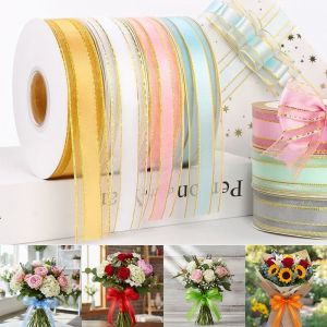 CANICECA 45 Yards Length Organza Ribbon Silver Edge 2.5cm Width Gold Edged Ribbon DIY Crafts Glitter Tulle Satin Ribbon Gift Packing