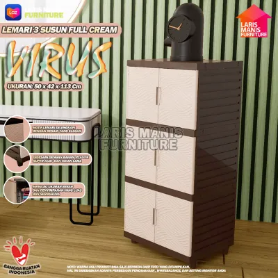 LEMARI PAKAIAN KINGDOM VIRUS LEMARI PINTU 3 SUSUN KABINET LEMARI PLASTIK MINIMALIS - FULL CREAM