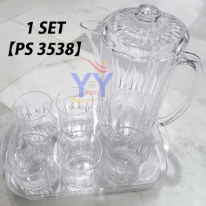 『1 SET』Acrylic Plastic Crystal Water Jug Set-PS3538/1 pc Drink Pitcher With Lid +5 pcs Drink Cup +With Tray (Brocca Set)