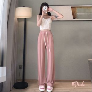 Seluar Panjang Perempuan Women Ice Silk Fabric Wide Leg Palazzo Pant Casual Korean Style Elastic High Waist Straight Loose Pant Seluar Perempuan