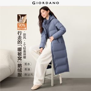 Giordano Women Detachable hood long goose down jacket Free Shipping 05376719