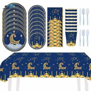 Ueb Official Mall ✪ Ramadan Eid Mubarak Party Supplies for 16 Guests Include Dinner Plates Cups Napkins Tablecloth