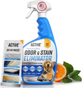 Pet Odor and Stain Eliminator - 32 oz ACTIVE Enzyme Cleaner for Dog & Cat Urine Stain Remover Spray for Carpet Upholstery Hardwood Spot Cleaning Deodorizer for Dogs Cats Pets - Natural Citrus Oil