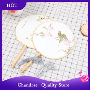 [Chandrae] Chinese Style Round Fan with Wooden Handle Portable Printed Vintage Fan