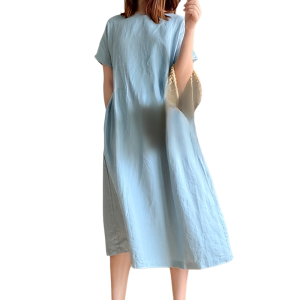 Japanese Style Linen Cotton Dress Solid Color Loose Mid-Length Dresses Simple Comfortable Breathable