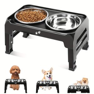 High Table Dog Bowl Holder Adjustable 3 Heights Comes with Two 6-inch Stainless Steel Bowls