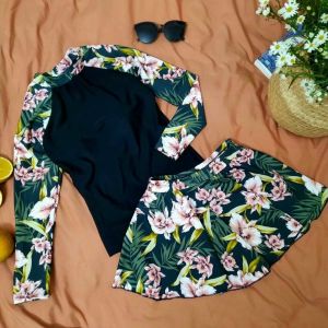 【Có size lớn 】Bikini đồ bơi đi biển một mảnh dây kéo trước phối hoa tay dài form váy có quần lót FUNNY BIKINI MS-P018