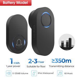 [UK Plug] Waterproof Wireless Doorbell 350M Range Smart Home Door Bell 60 musics Battery 1 2 Button AC Electric 1 2 3 Receiver led light for home security office dustproof