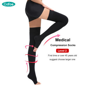 Cofoe 1 Pair Thigh Compression Socks Level 2 Varicose Sock 23-32 mmHg Pressure Open Toe Leggings Compression Stockings for Men Women Anti-varicose Veins Eliminate Edema