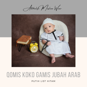 Alkhalifi Moslem Wear - Gamis Jubah Arab Anak Bayi Balita Koko Gamis Pesantren Pengajian Lebaran Aqiqah Series Lengan Pendek AN NABAWI Warna Putih List Hitam
