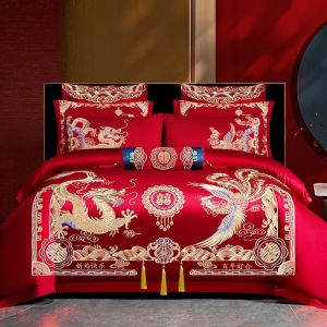 Bedding four-piece wedding four-piece set big red dragon and phoenix embroidery wedding wedding celebration kit wedding bedding (bed sheet * 1 quilt cover * 1 pillowcase * 2)