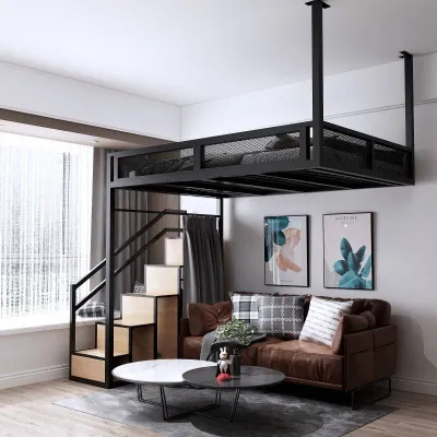 Nordic small loft elevated bed multifunctional loft bed double ladder cabinet bed apartment bed hanging sheets upper layer