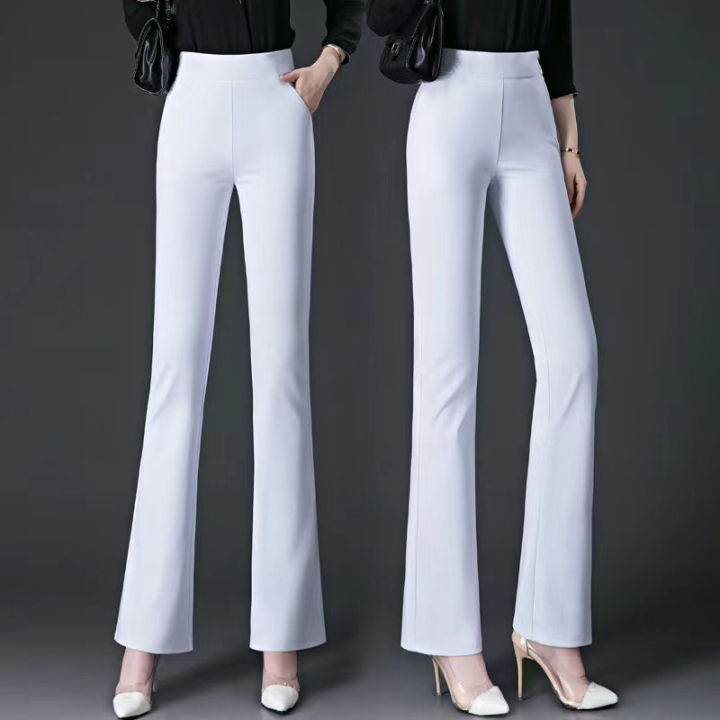 Cheap Women Polyester Cotton Pants Autumn Casual Solid Elastic Waist Straight  Trousers Loose Long Pants Wide Leg Trousers