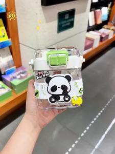 New Childrens Water Cup Cute Panda Double Drinking Cup High Beauty Student School Food Grade Plastic Square Water Bottle