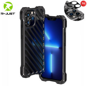 R-JUST For iPhone 16 15 14 13 12 Pro Max Metal Armor Camera Protection Phone Case Heavy Duty Hollow Metal Protective Cover