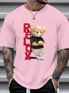 Mens Bear Print Short Sleeve T-Shirt - Summer Casual Round Neck Tee with Bear & Beech Tree Ink Drawing Comfortable Regular Fit Machine Washable Opaque Shirt for Outdoor & Casual Attire