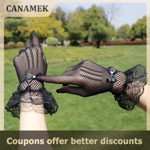 【 CANAMEK 】 Women Vintage Sheer Short Lace Gloves Bride Wedding Gloves Derby Tea Party Wrist Length Floral Gloves for Dinner Fancy Costume Accessories Gloves
