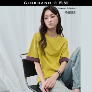 Giordano Women Contrast rolled cuff short sleeve loose tee Free Shipping 18326906