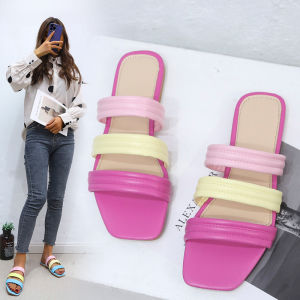[Free Shipping] Summer New Square-Toed Flat-Soled Color-Block Beach Sandals For Women Large Size Casual Versatile Slippers