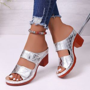 New WomenS Large Size Open-Toe High-Heeled Sandals With Chunky Heel And Embossed Pattern Fashion Slippers