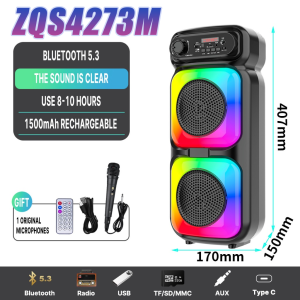 【4X2 Inch】 Wireless Karaoke Bluetooth Speaker With Free Microphone Colored Light High Quality Sound Big Size Original Dual Super Bass Portable 4 Style KTS with USB/SD/BT/FM Stereo Speakers