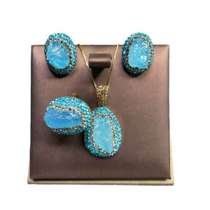 Trendy Unique Natural Blue Aquamarine Crystal Jewelry for Women Rhinestone Quartz Set Raw Stone Necklace Ring Earring Sets H260610